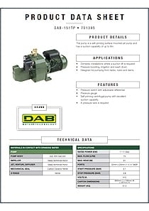 DAB 151TP Self Priming Jet Pump with Pressure Switch Data Sheet