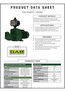 DAB 200NXTP Self Priming Jet Pump with NXT-Pro Controller Data Sheet