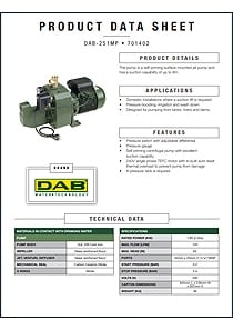 DAB 251MP Self Priming Jet Pump with Pressure Switch Data Sheet